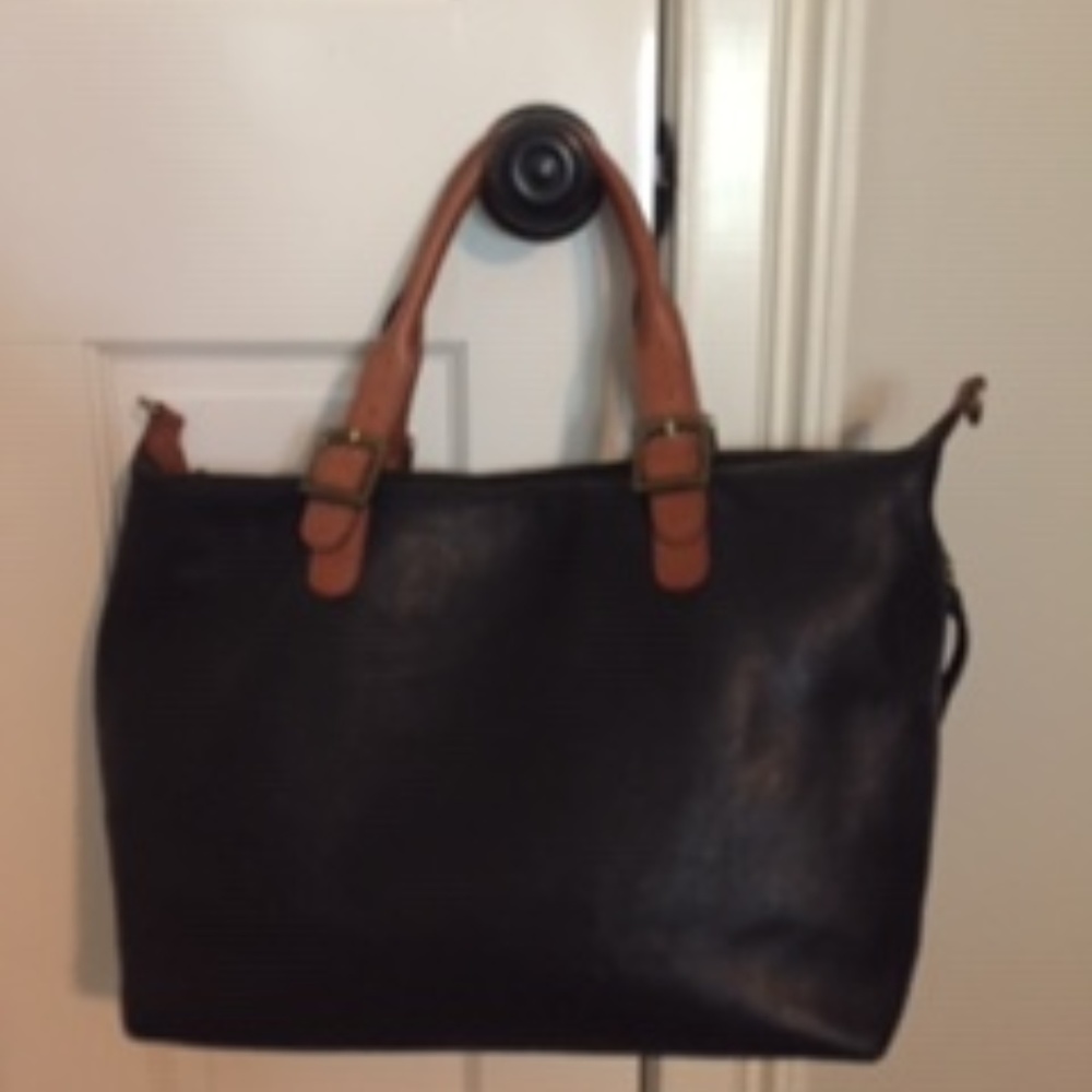 Black leather tote bag